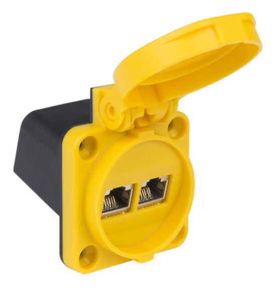 Data inbouwcontactdoos 2 x CAT6A, RJ45-module, met klapdeksel, geel