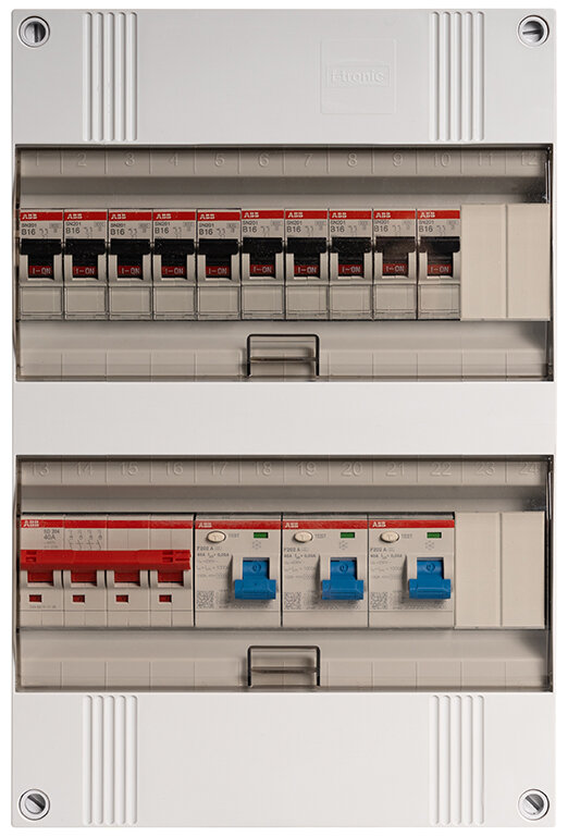 Groepenkast ABB 3-fasen, 10 groepen, 40A 4P 3 x 40/0,03A 2P 