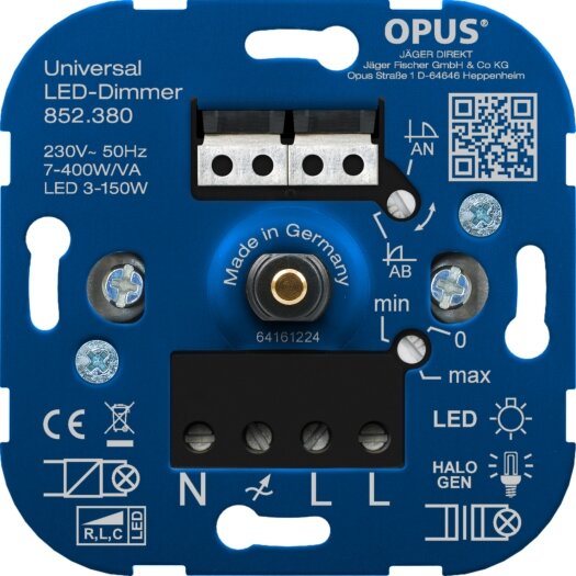 OPUS universeel-dimmer voor LED, gloei en halogeenlampen universeel met nuldraadherkenning, 7 - 400 VA / LED 3 - 150 W