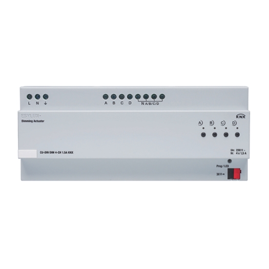 KNX top-hat railmodule, dimactor, 4-voudig, 1,5A dimvermogen per kanaal, KNX-bus