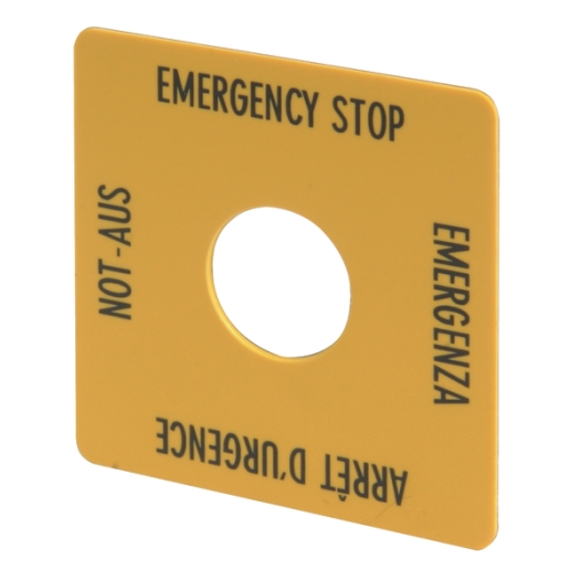 Bordje, NOODSTOP, geel, H x B = 50 x 50 mm, 4 talen, DE, EN, FR, IT