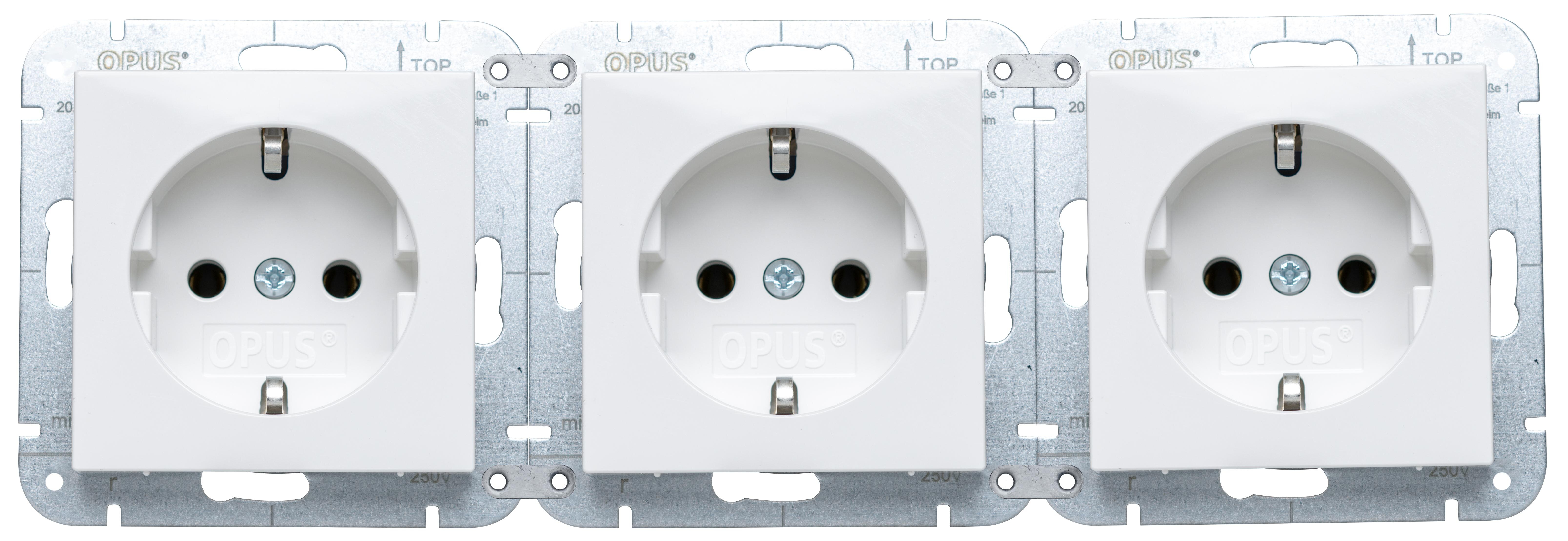 OPUS 55 QUICK Premium wandcontactdoos met randaarde, 3-voudig, verhoogde aanrakingsveiligheid, polarwit zijdeglans