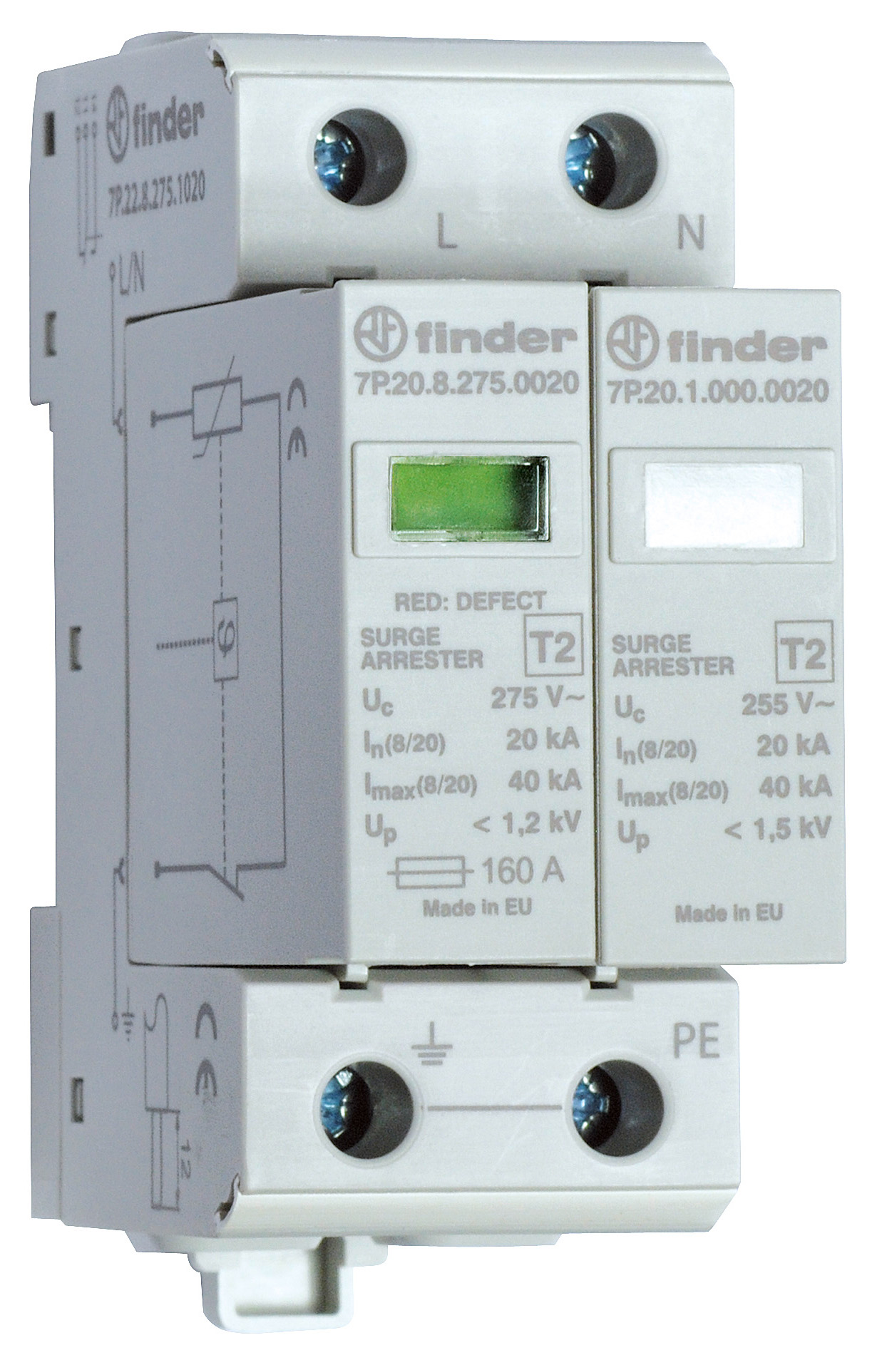 Overspanningsbeveiliging type 2, varistor + vonkbrug, voor 1-fase TN-S en TT-systemen