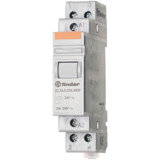 Installatierelais voor serie-installatie, 2 verbreekcontacten 20 A, testknop, voor 230 V AC