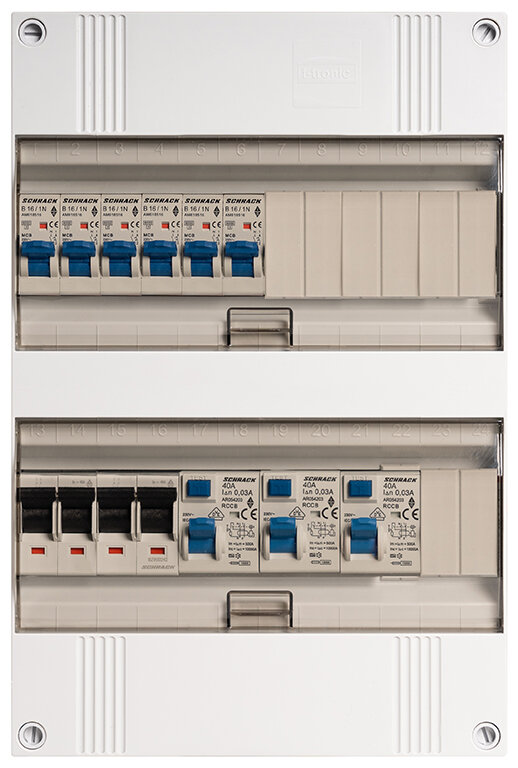 Groepenkast Schrack 3-fasen, 6 groepen, 40A 4P 3 x 40/0,03A 2P 