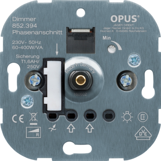 OPUS® gloeilampdraaidimmer met steekklemmen 60- 800 W met druk-wisselschakelaar, metalen as