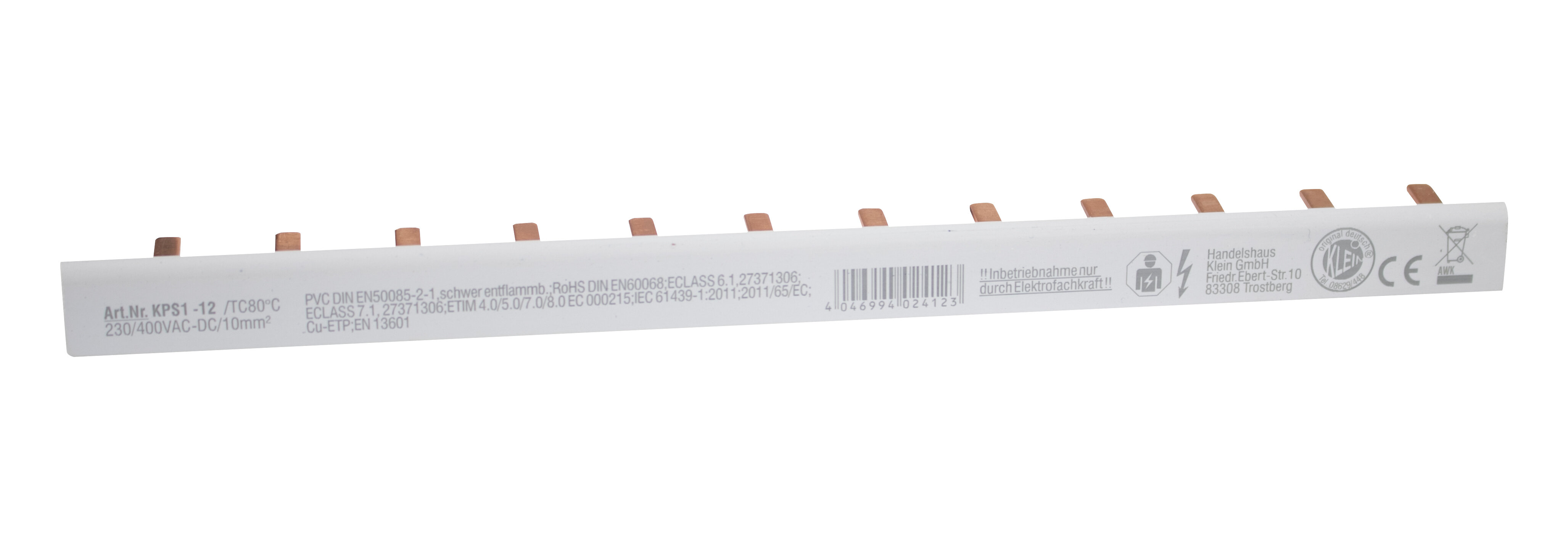 1-fase stiftrail, gesloten 12 x 1 pool, 216 mm lang, modulebreedte: 17,80 mm