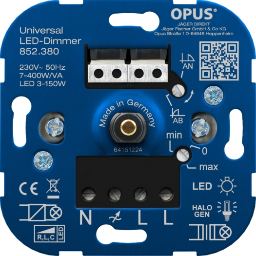 OPUS universeel-dimmer voor LED, gloei en halogeenlampen universeel met nuldraadherkenning, 7 - 400 VA / LED 3 - 150 W