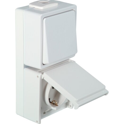 OPUS® AQUA combinatie schakelaar met contactdoos, verticaal pulsschakelaar helder wit