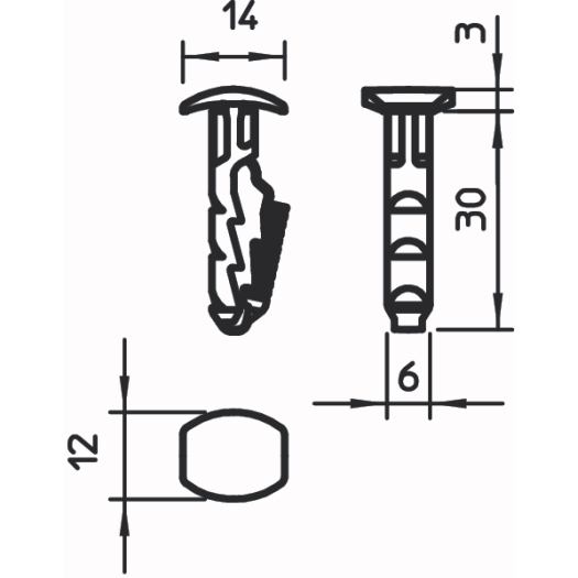 Plug met paddestoelvormige kop 6x30mm, PA, grijs wit, RAL 9002