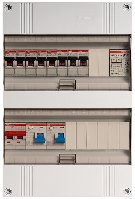 Groepenkast ABB 1-fase, 6 groepen + beltrafo, 40A 2P 2 x 40/0,03A 2P 