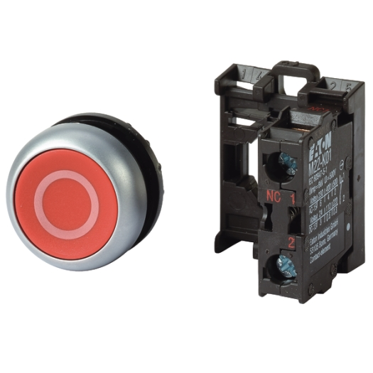 Drukknop, 1 verbreekcontact plat, rood, bevestiging vooraan