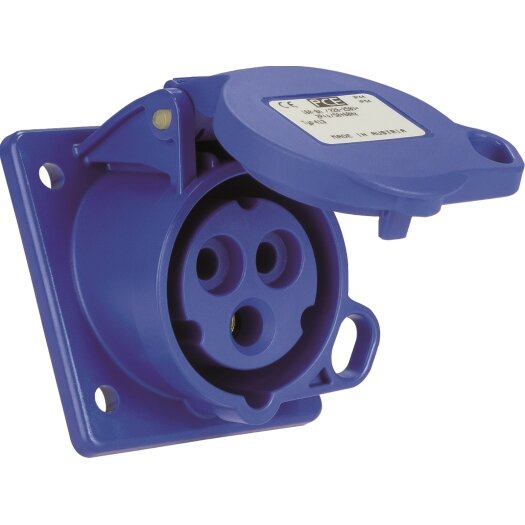Haakse wandcontactdoos, afsluitbaar 16A 3p 6h IP44 (flens 62x68 - gatafstand 47x47)