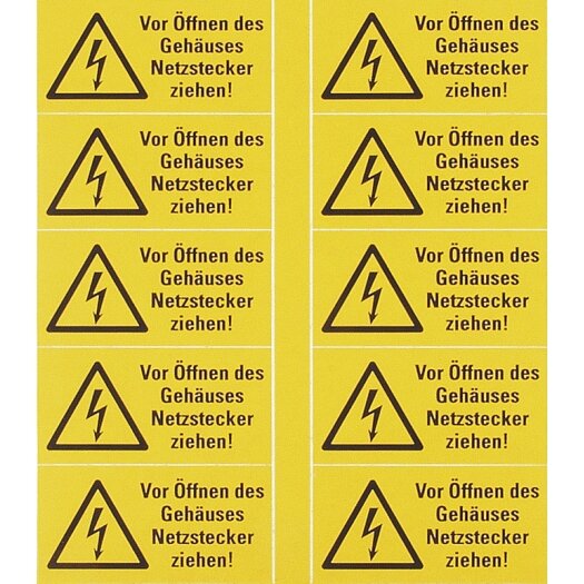stickers "Bliksemschicht met tekst" (Duitstalig) Vor Öffnen des Gehäuses Netzstecker ziehen!
