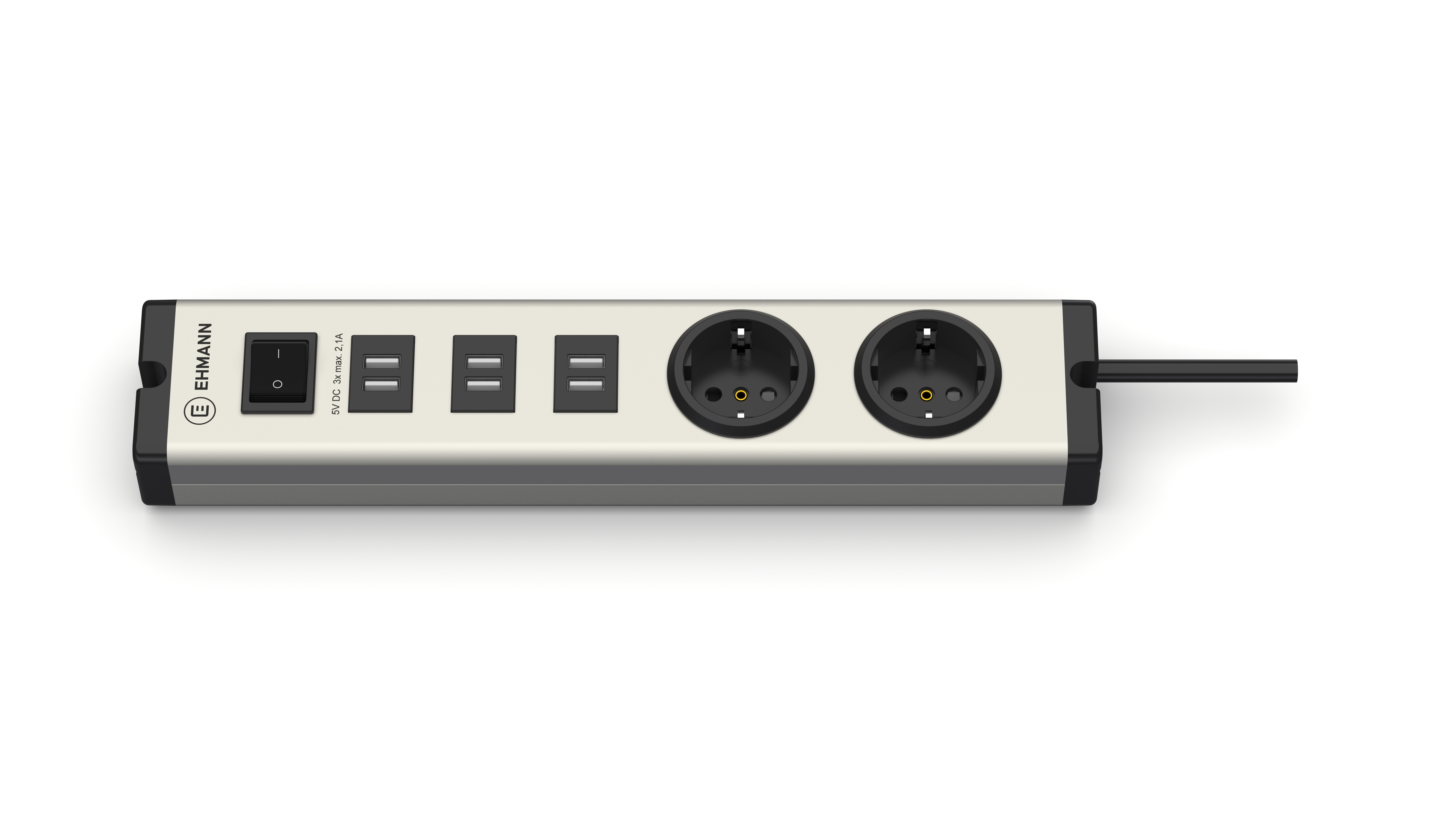 Powerstrip, aluminium, 2x wandcontactdoos met randaarde, 6x USB-aansluiting, 1,5m voedingskabel