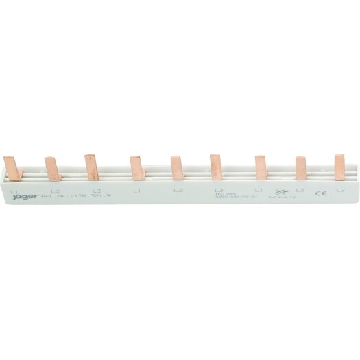3-fasen stiftrail, L-uitvoering, gesloten 3 x 3 polen, 158 mm lang