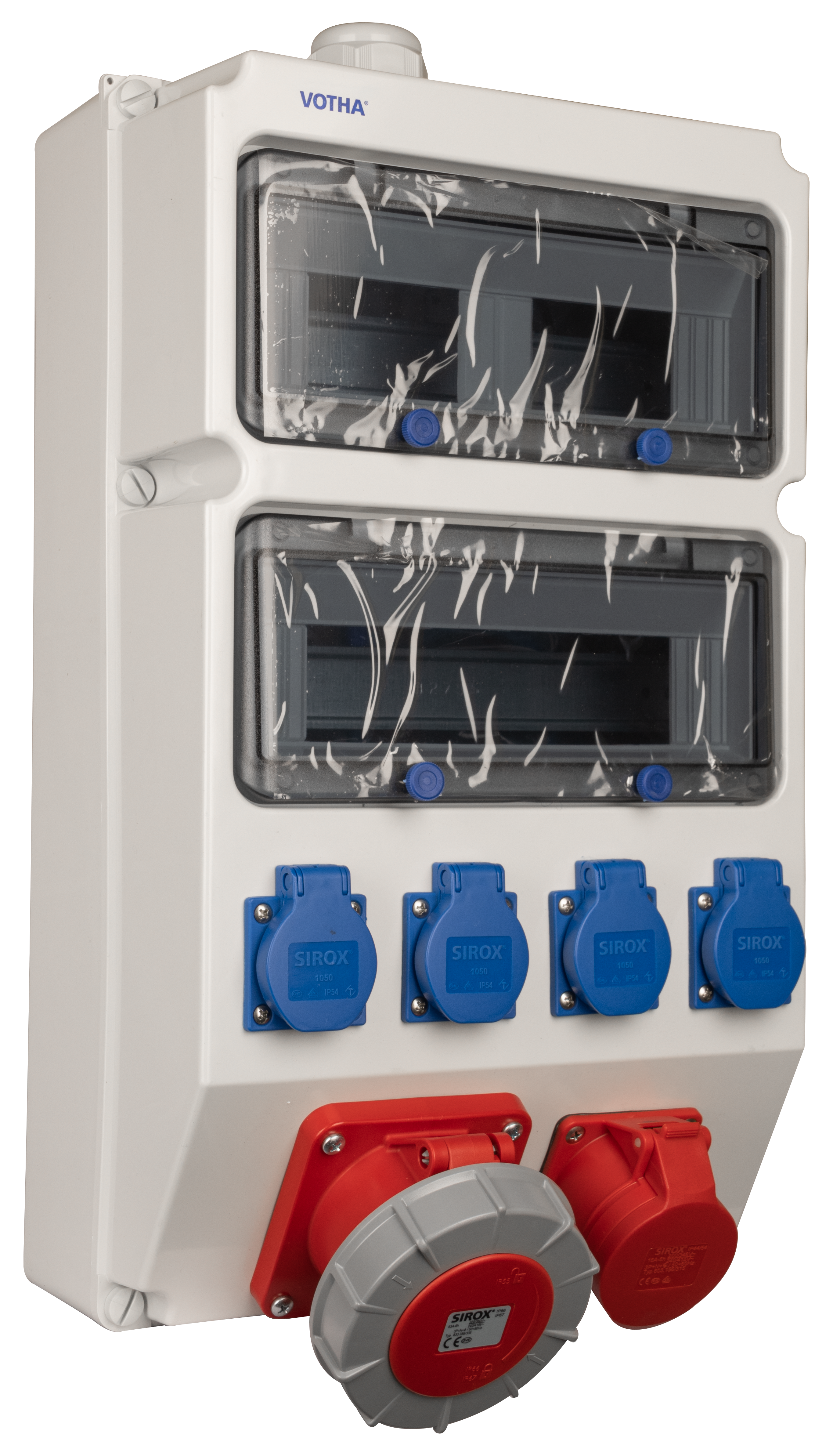 VOTHA WUPPERTAL wandverdeler - voorbedraad zonder automaten met 1x CEE 63 A, 1x CEE 32 A, 1x CEE 16 A, 4x WCD'S 230 V