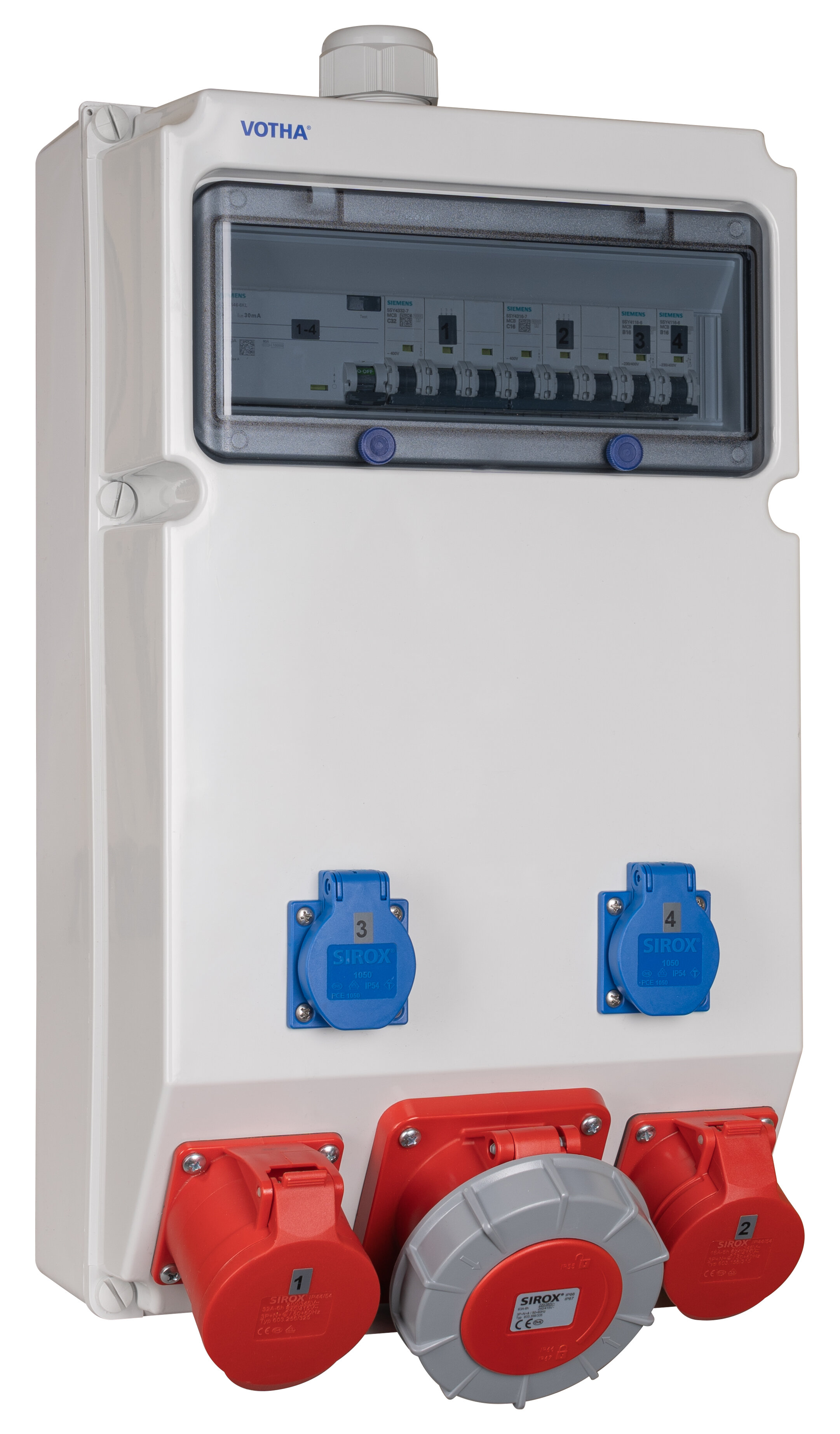 VOTHA WEIMAR wandverdeler SIEMENS REG - bedraad met 1x CEE 32 A, 1x CEE 16 A, 2x WCD'S 230 V en aardlekschakelaar 63 A 0,03 A (4P)