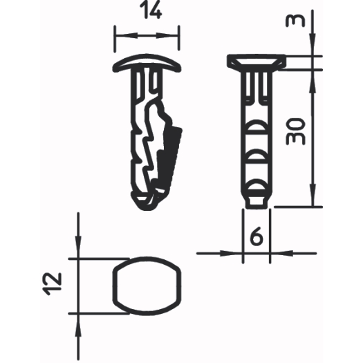 Plug met paddestoelvormige kop 6x30mm, PA, grijs wit, RAL 9002