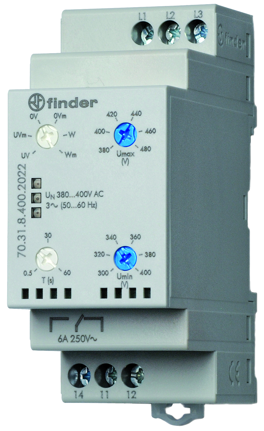Netbewaking, 3-fase 380 - 415 V AC, 1 wisselcontact 6 A, fase-uitval, fasevolgorde, over- en onderspanning