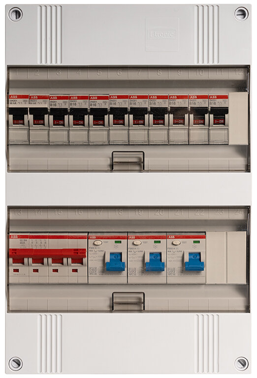 Groepenkast ABB 3-fasen, 9 groepen + kookgroep, 40A 4P 3 x 40/0,03A 2P 