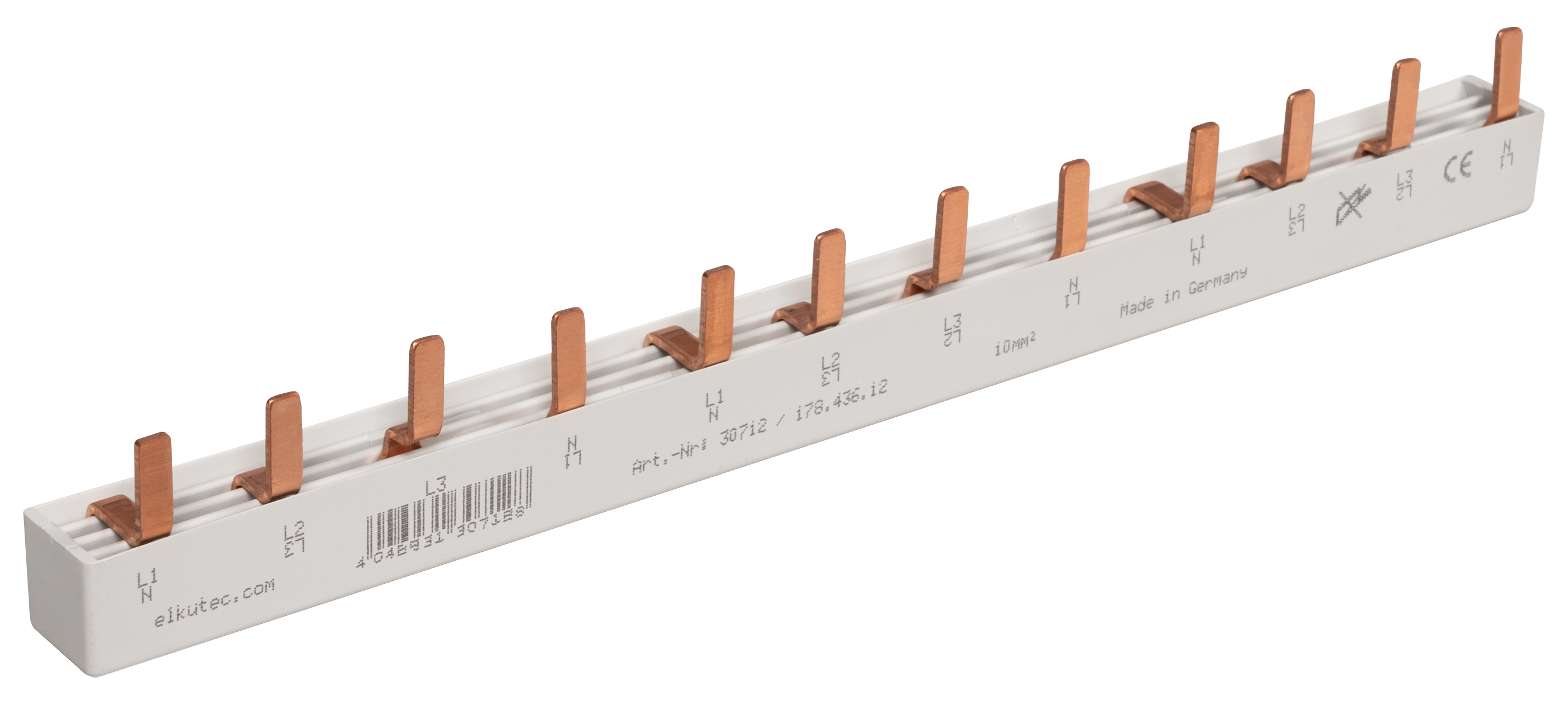 3-fasen stiftrail voor 3P+N automaten, L-uitvoering, gesloten 3 x 4 polen, 210 mm lang