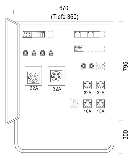 Endverteiler, 22 kVA, 2x CEE 16 A, 2x CEE 32 A, 6x Schuko 16 A, CEE-Gerätestecker 32 A mit Phasenwender, CEE Kabelschleife 32 A, IP44