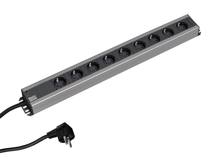 Contactdoosstrip, handwerkstrip, contactdoosafstand 15mm met 9x aardingscontactstekker en 2,0m voedingskabel