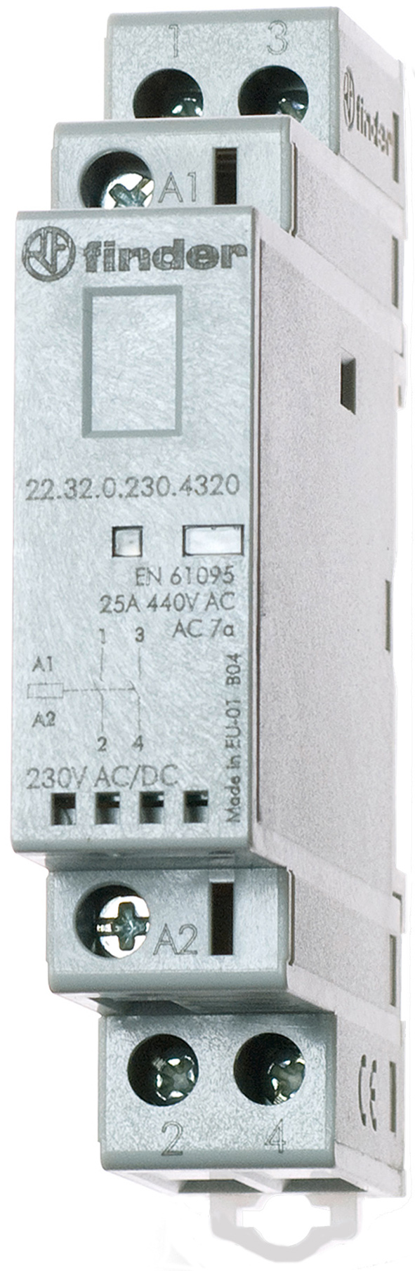 Magneetschakelaar voor serie-installatie, 1 verbreekcontact en 1 maakcontact 25 A, spoel 230 V AC/DC, LED-display