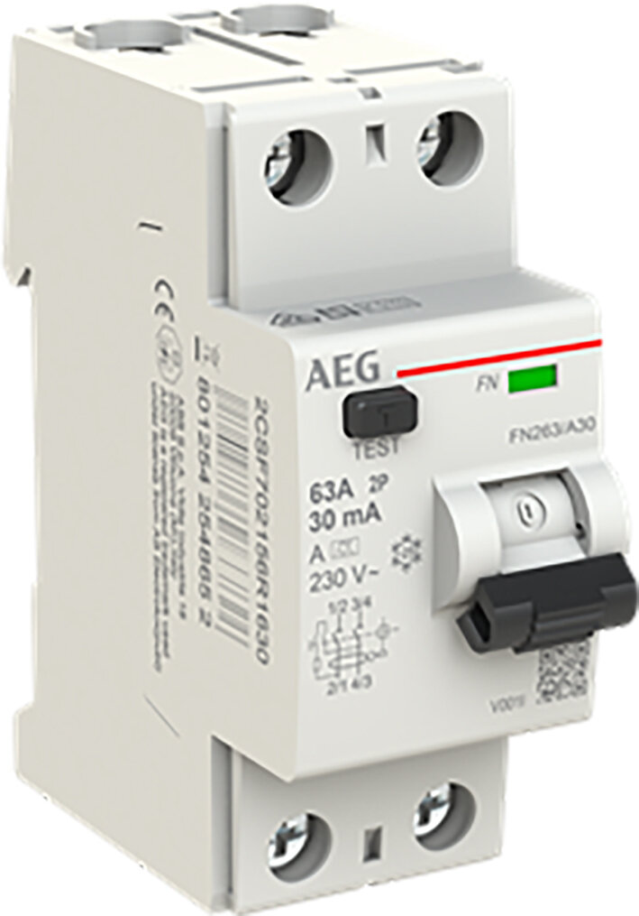AEG Aardlekschakelaar 2P 63 A, Type A, 30mA "FN263" AEG Aardlekschakelaar 2P 63 A, Type A, 30mA "FN263"