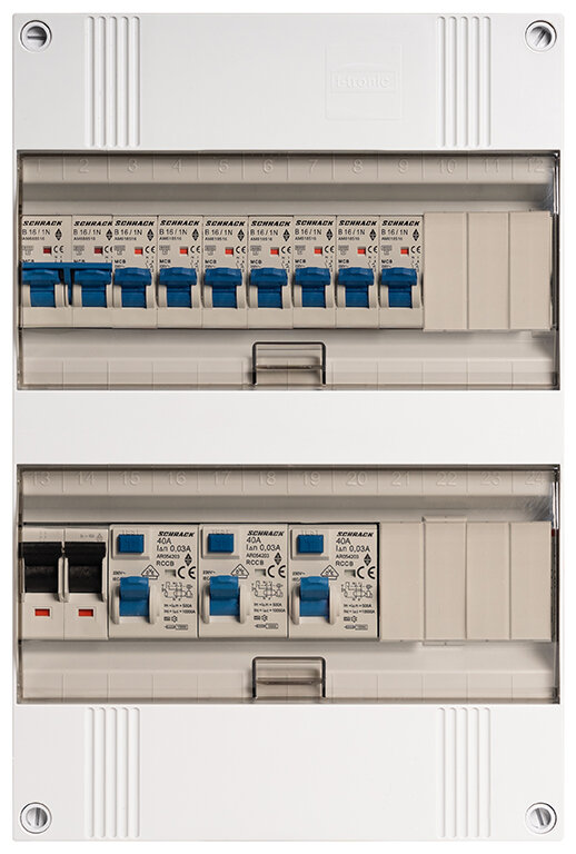 Groepenkast 1-fase, 40A 2P 2 x 40/0,03A 2P,9 Groep B16