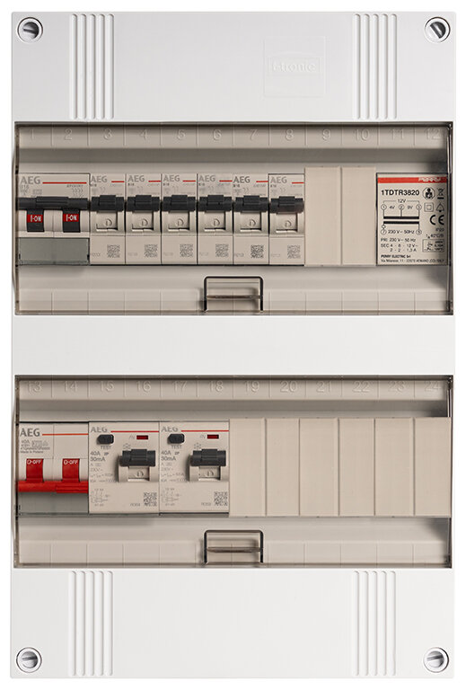 Groepenkast AEG 1-fase, 6 groepen + kookgroep en beltrafo, 40A 2P 2 x 40/0,03A 2P 