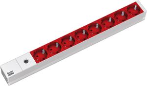 Contactdoosstrip 19" 1U 8xElektrische wandcontactdozen rood 1xFUSE 10A voedingskabel 2,0m IEC