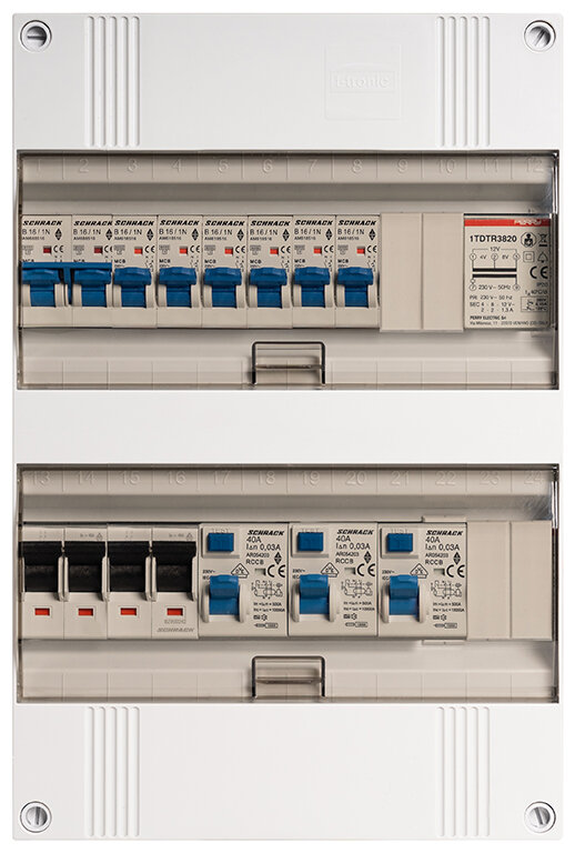 Groepenkast Schrack 3-fasen, 9 groepen, 40A 4P 3 x 40/0,03A 2P Groepenkast Schrack 3-fasen, 9 groepen, 40A 4P 3 x 40/0,03A 2P