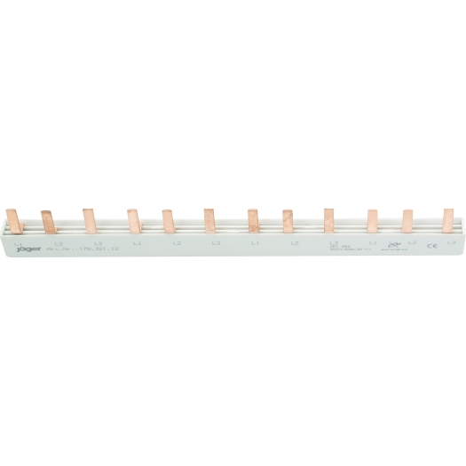 3-fasen stiftrail voor 1P+N automaten, L-uitvoering, gesloten 6 x 1 polig + N, 210 mm lang