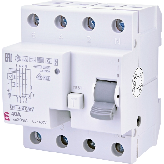 RCD, 4-polig, type B, 40A, 30mA, EFI-4B, kortstondige vertraging, 10kA