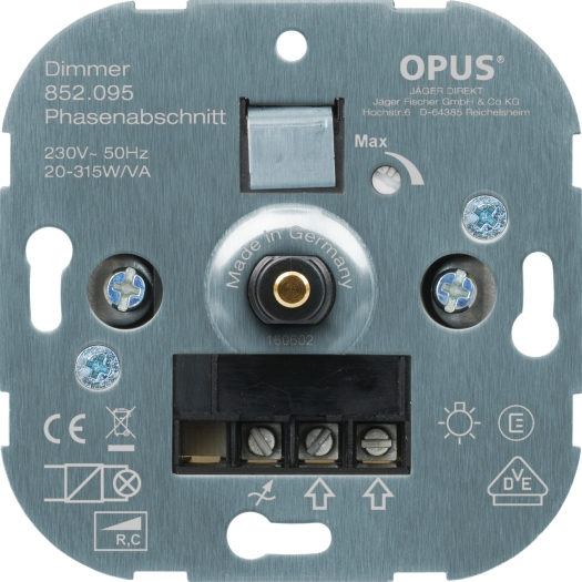 OPUS draai fase-afsnij dimmer 20- 315 VA met schroefklemmen, metalen as