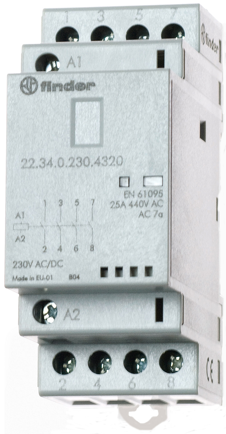 Magneetschakelaar voor serie-installatie, 4 NO-contacten 25 A, spoel 230 V AC/DC, LED-display