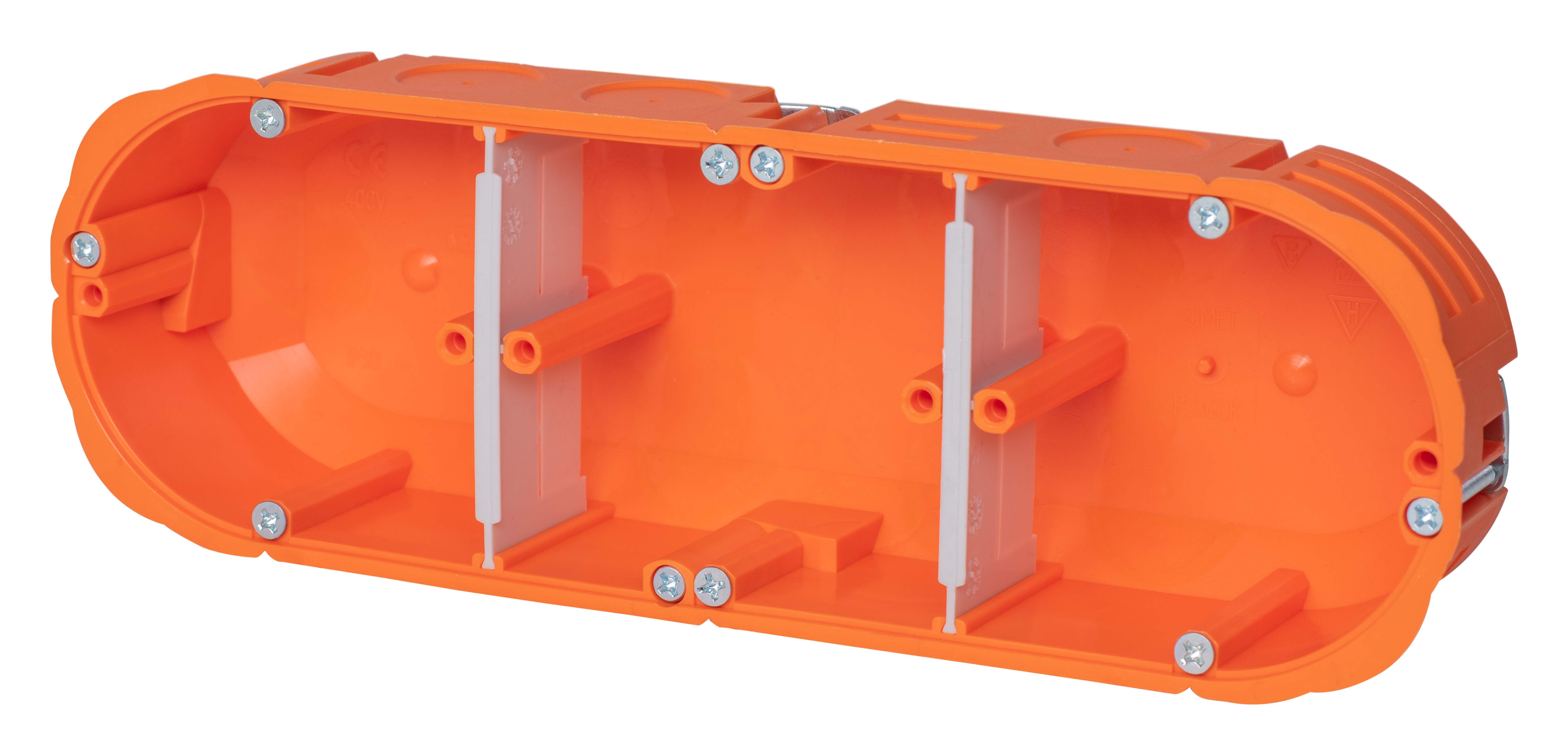 Hollewand aftakdoos, massief, 3-voudig, 45 mm (plat), oranje
