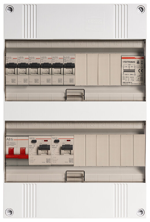 Groepenkast AEG 1-fase, 6 groepen + beltrafo, 40A 2P 2 x 40/0,03A 2P 