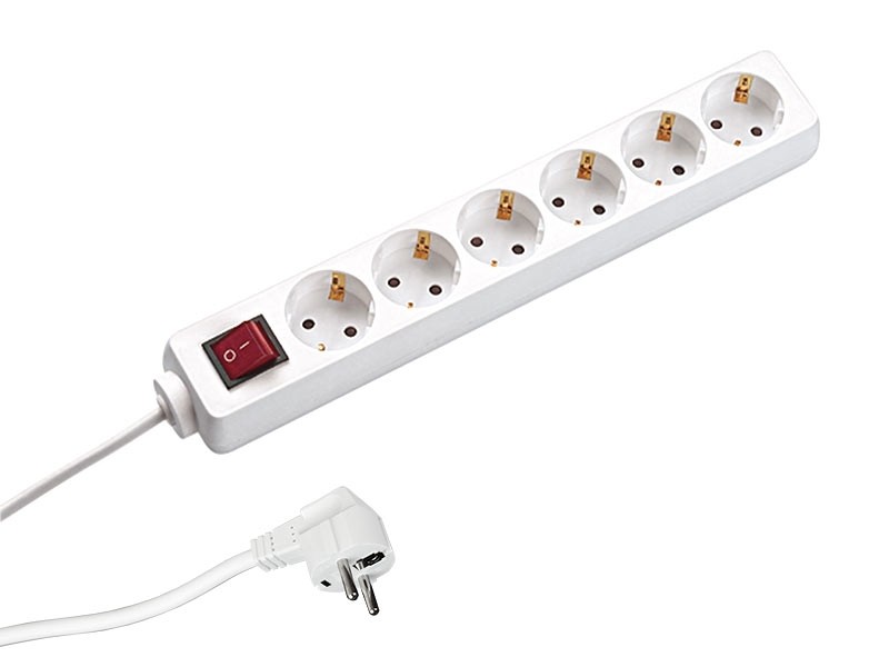 Contactdoosstrip Selly 6xElektrische wandcontactdozen wit 1xSchakelaar Voedingskabel 1,5m