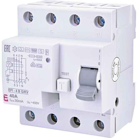 RCD, 4-polig, type B, 40A, 30mA, EFI-4B, kortstondige vertraging, 10kA