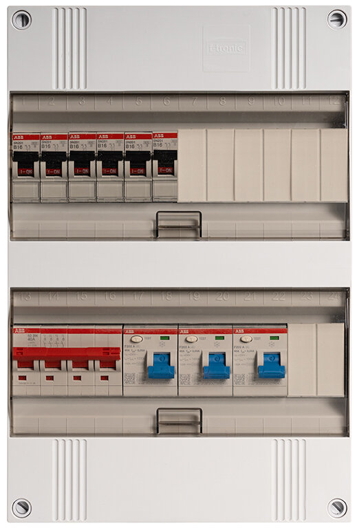 Groepenkast ABB 3-fasen, 6 groepen + beltrafo, 40A 4P 3 x 40/0,03A 2P 