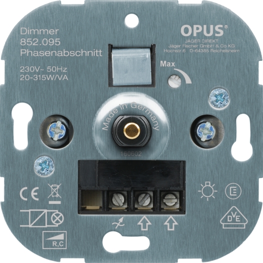 OPUS draai fase-afsnij dimmer 20- 315 VA met schroefklemmen, metalen as