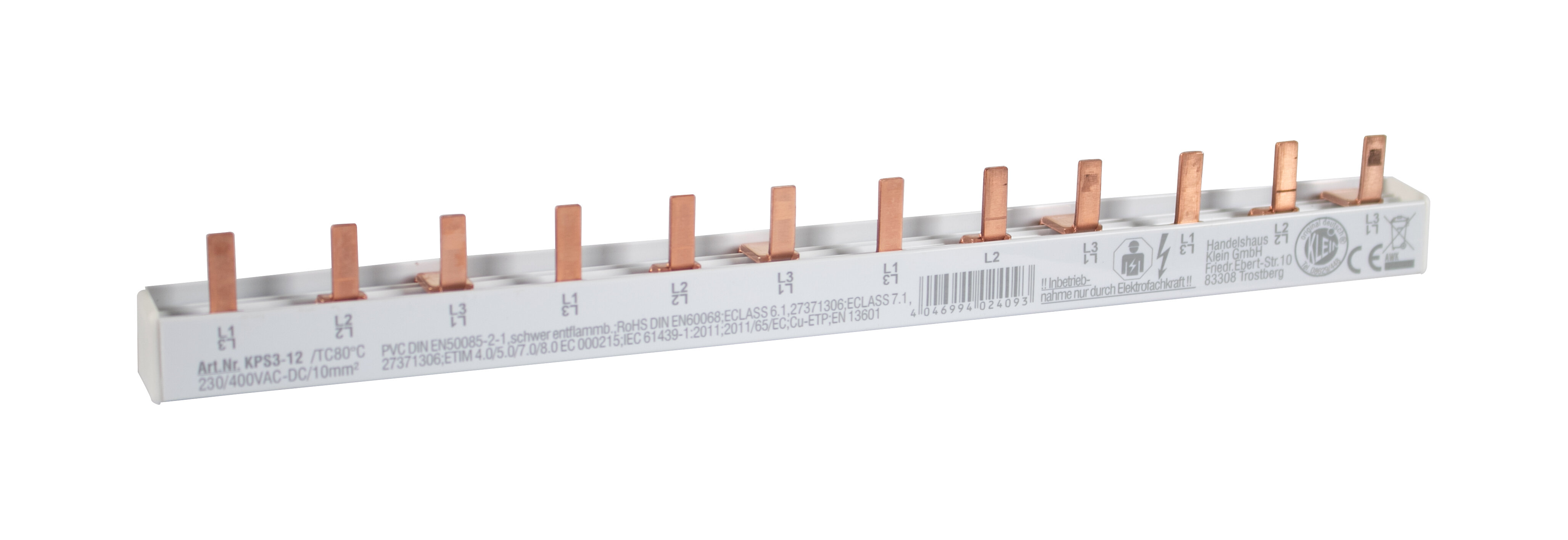 3-fasige pinrail, L-uitvoering, gesloten 4 x 3 polen, 216 mm lang, modulebreedte: 17,80 mm