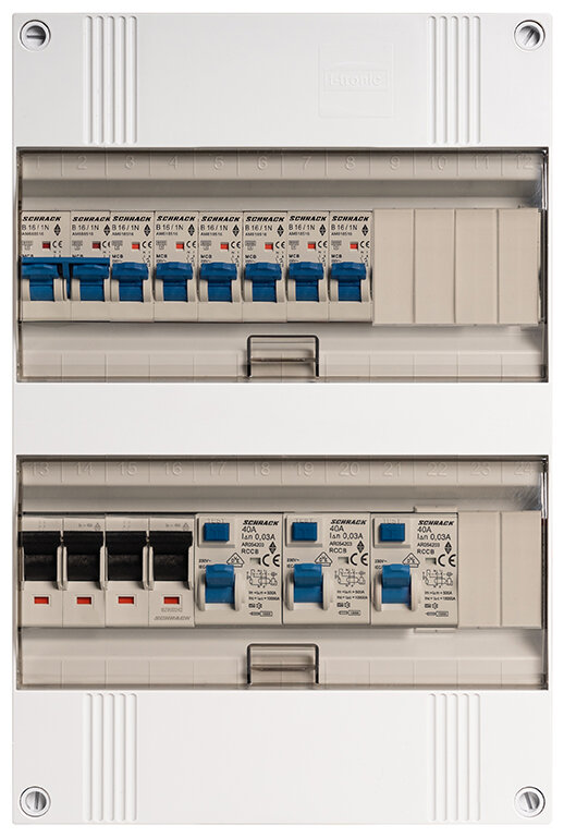 Groepenkast Schrack 3-fasen, 6 groepen + kookgroep, 40A 4P 3 x 40/0,03A 2P