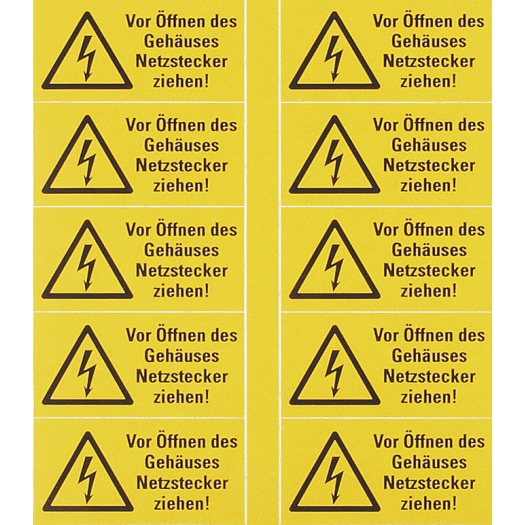 stickers "Bliksemschicht met tekst" (Duitstalig) Vor Öffnen des Gehäuses Netzstecker ziehen!