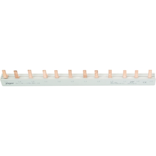 1-fase stiftrail voor 1P+N automaten, L-uitvoering, gesloten 6 x 2 polen, 210 mm lang